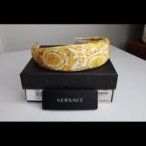 Authentic Versace Baroque-Print White Gold Silk Headband